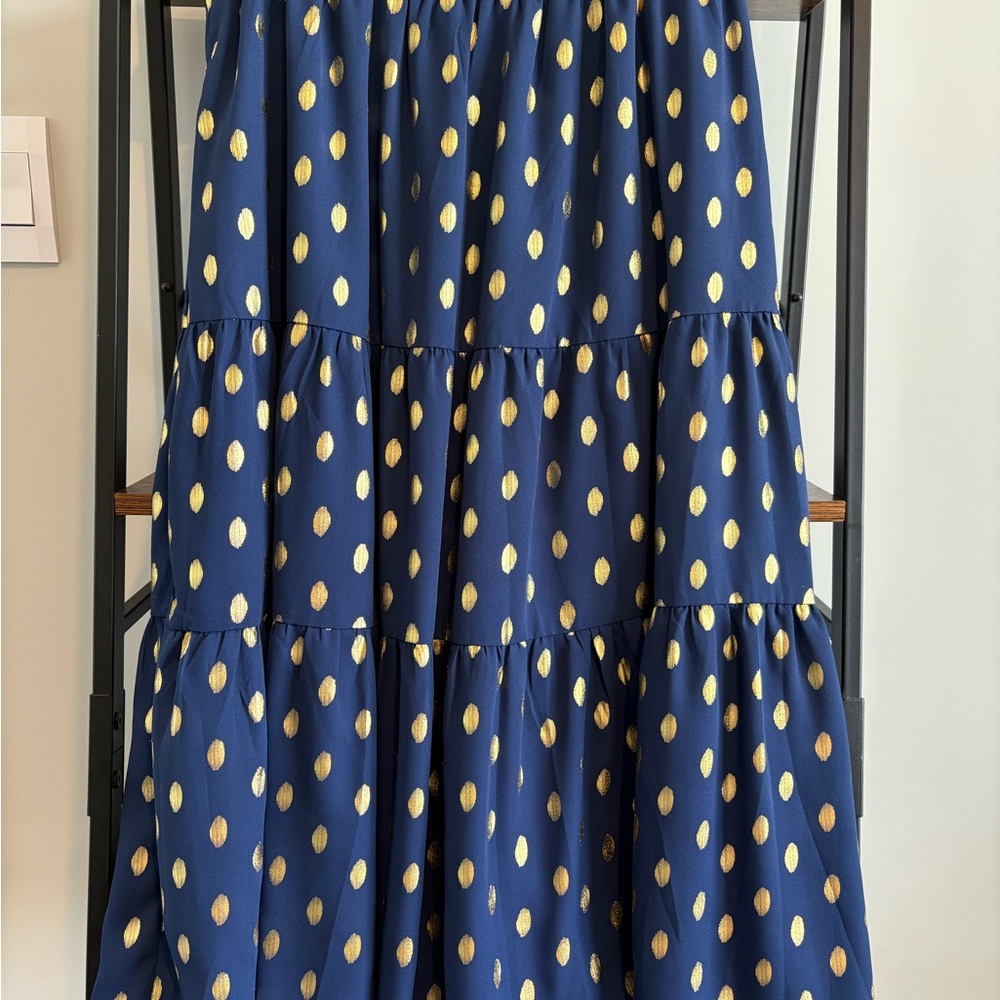 Chic Navy and Gold Polka Dot Maxi Skirt